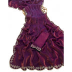 Women's Satin Embellished Saree With Unstitched Blouse 5.5Mtr (Wine)