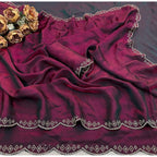 Women's Satin Embellished Saree With Unstitched Blouse 5.5Mtr (Burgundy)