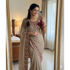 Women's Star Georgette Embroidered Saree With Unstitched Blouse 5.5Mtr (Beige)