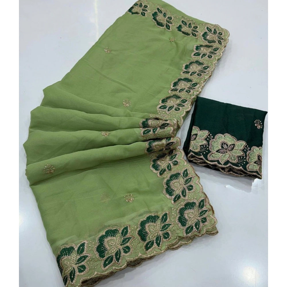 Women's Star Georgette Embroidered Saree With Unstitched Blouse 5.5Mtr (Green)