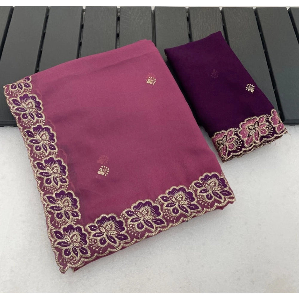 Women's Star Georgette Embroidered Saree With Unstitched Blouse 5.5Mtr (Pink)