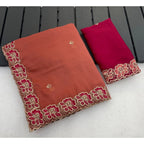 Women's Star Georgette Embroidered Saree With Unstitched Blouse 5.5Mtr (Orange)