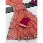 Women's Star Georgette Embroidered Saree With Unstitched Blouse 5.5Mtr (Orange)