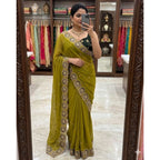 Women's Star Georgette Embroidered Saree With Unstitched Blouse 5.5Mtr (Olive Green)