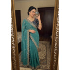 Women's Star Georgette Embroidered Saree With Unstitched Blouse 5.5Mtr (Sea Green)