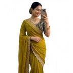 Women's Star Georgette Embroidered Saree With Unstitched Blouse 5.5Mtr (Mustard Yellow)