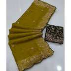 Women's Star Georgette Embroidered Saree With Unstitched Blouse 5.5Mtr (Mustard Yellow)