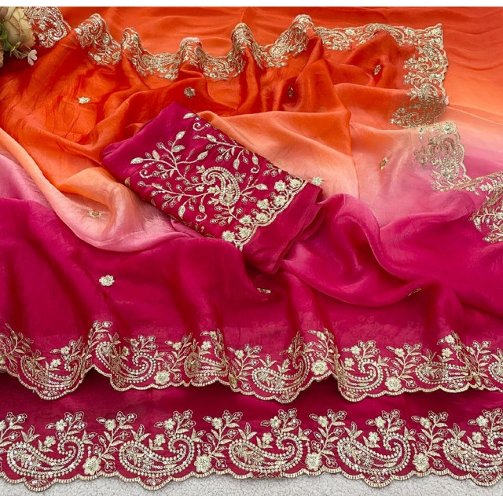 Women's Satin Embellished Saree With Unstitched Blouse 5.5Mtr (Multicolor)