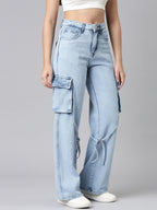 Ladies Washed Cargo Jeans Blue
