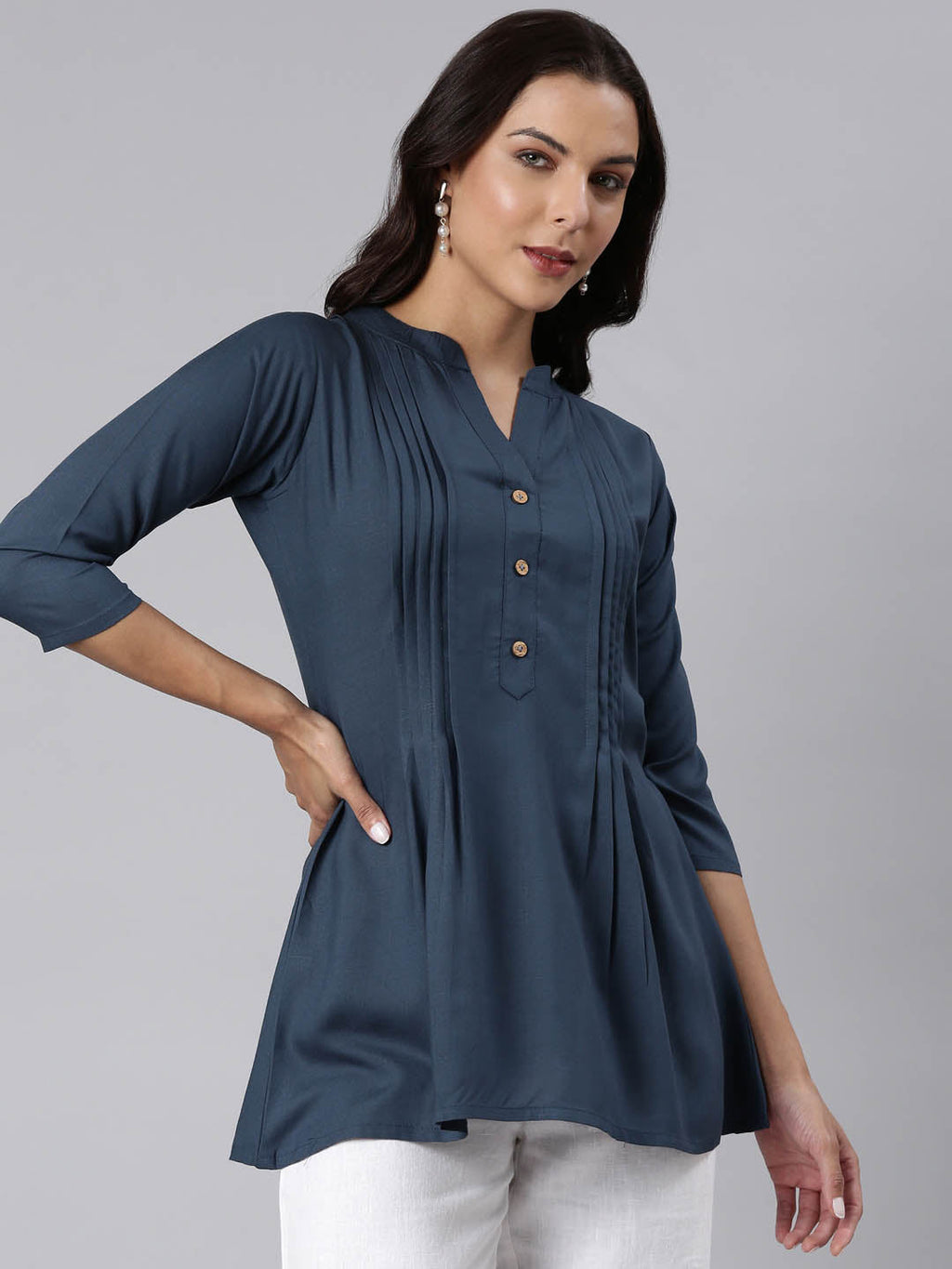 Ladies Pleated Slim Fit Blue Top