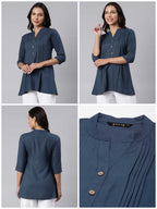 Ladies Pleated Slim Fit Blue Top
