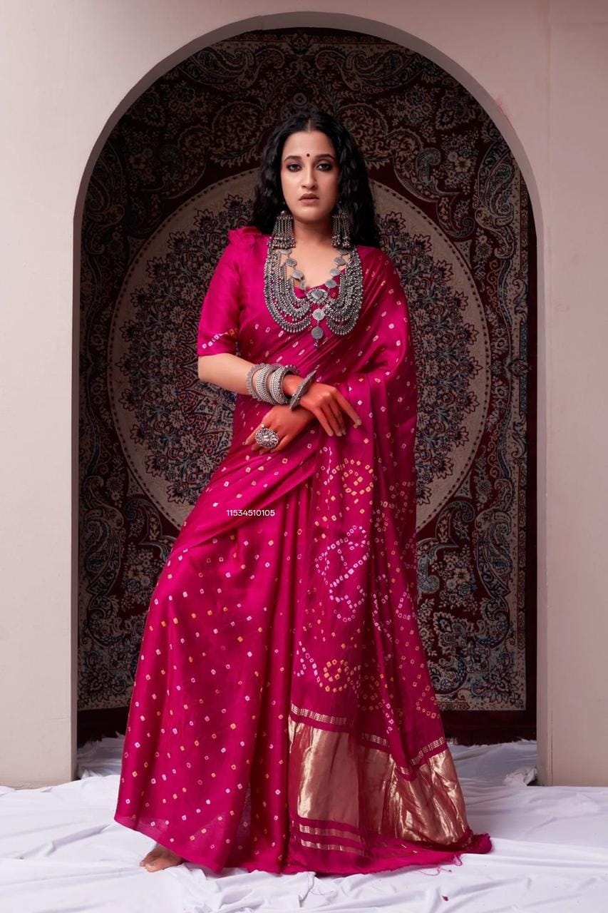 Pure Modal Gaji Silk Bandhani Saree – Ek Dani Handcrafted Collection