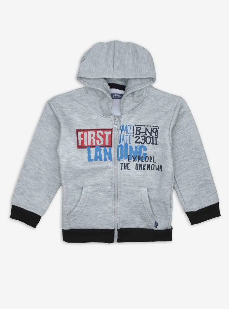 Boys Grey Melange Full Zipper Sweatshirt