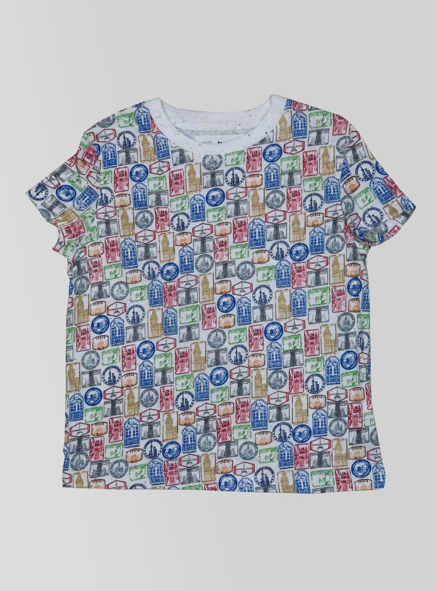 Girls Printed T Shirt White Stamps AOP