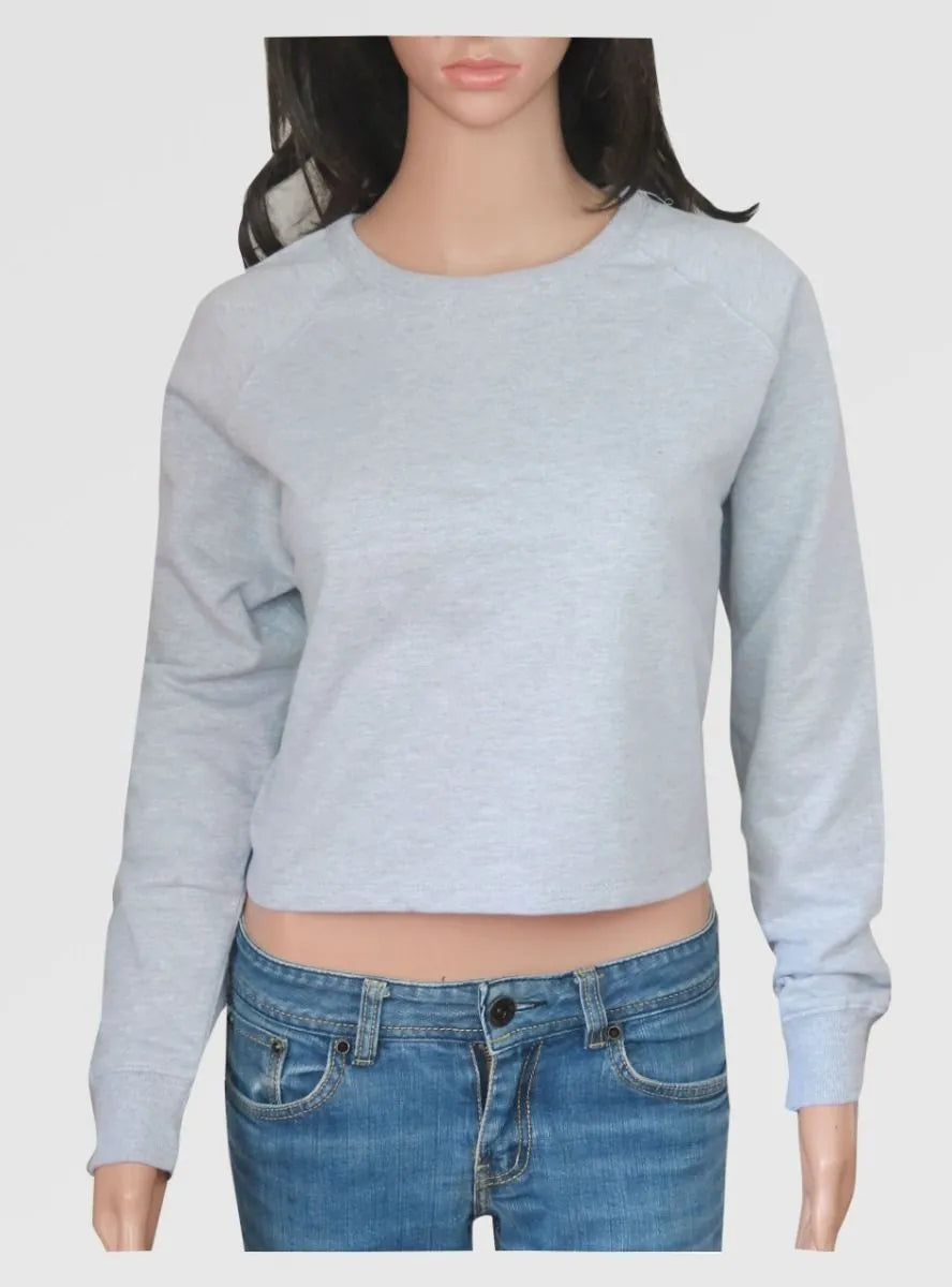 Ladies Fleece Pullover Cropped Sweatshirt Grey Melange