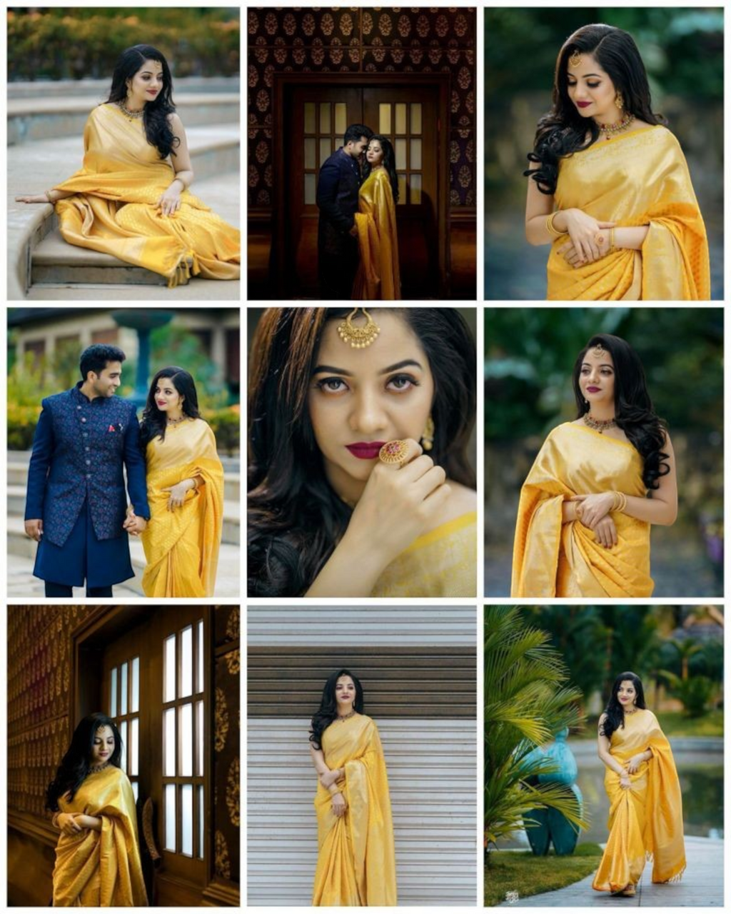 RK Collectives yellow litchi silk Banarasi-style jacquard saree worn by a woman in various elegant poses.