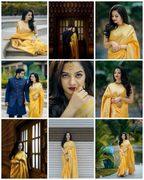 RK Collectives yellow litchi silk Banarasi-style jacquard saree worn by a woman in various elegant poses.