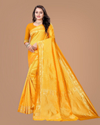 Model wearing a vibrant yellow RK Collectives litchi silk Banarasi-style jacquard saree with a shimmering border.