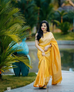 Woman wearing a vibrant yellow RK Collectives litchi silk Banarasi-style jacquard saree with a shimmering border