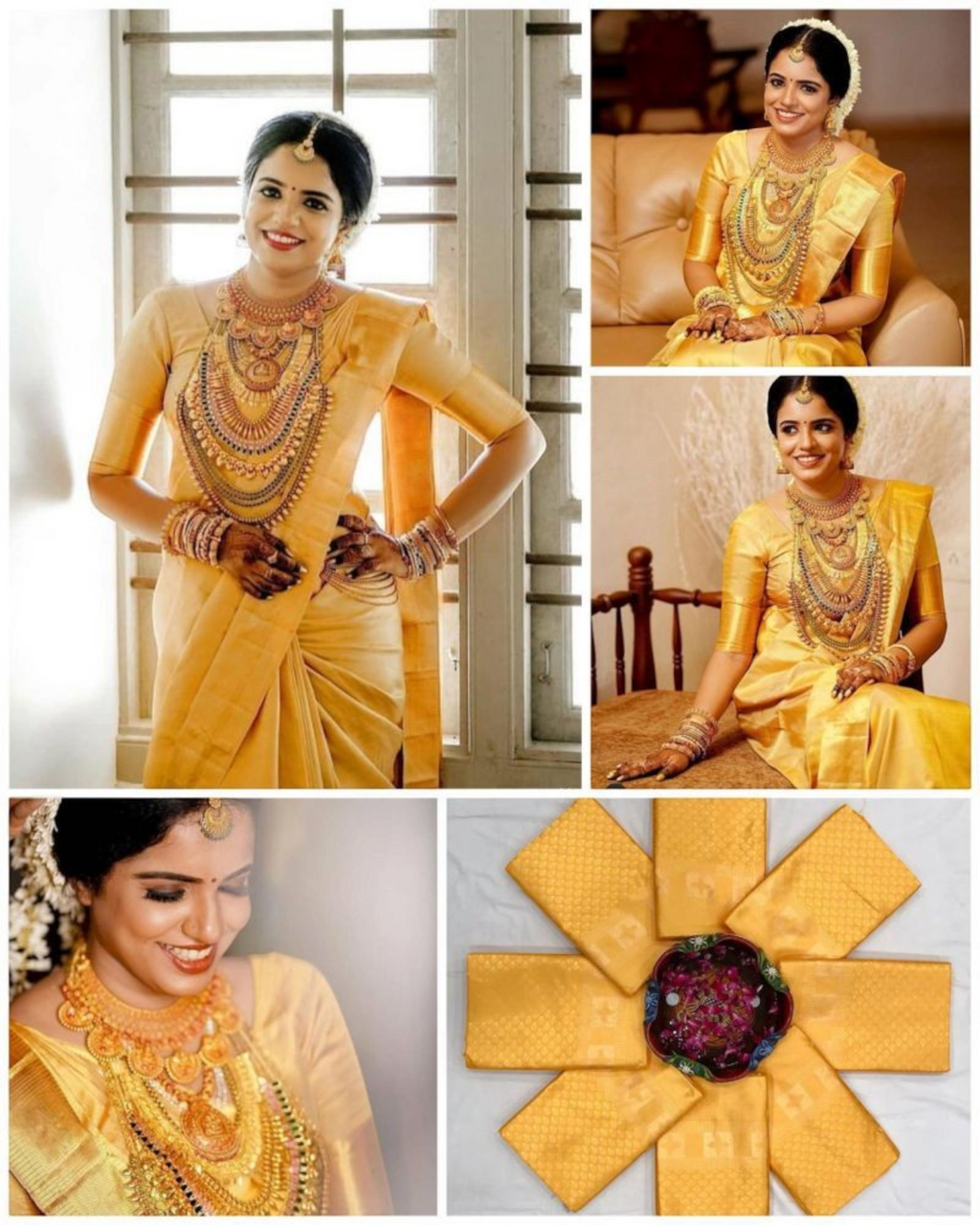 RK Collectives yellow litchi silk Banarasi-style jacquard saree worn by a bride with traditional gold jewelry