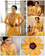 RK Collectives yellow litchi silk Banarasi-style jacquard saree worn by a bride with traditional gold jewelry